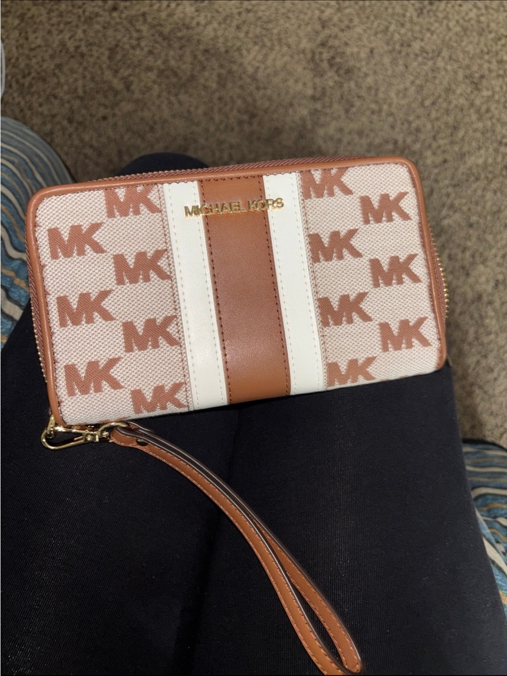 Michael Kors white & Tan MK Monogram Wristlet Wallet